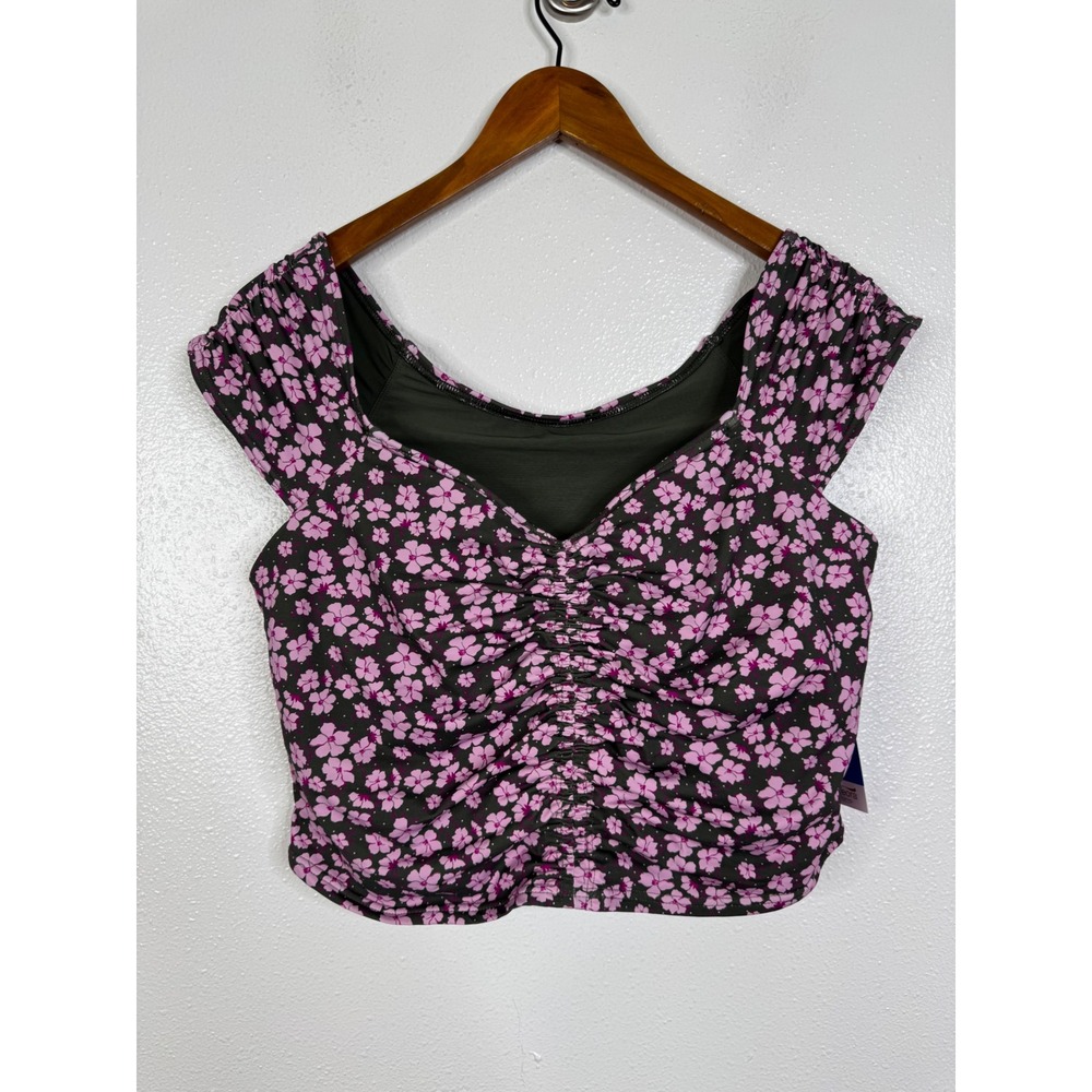Lands End Women Pink Floral Ruched Swim Crop Top Cap Sleeve 14 DDD New